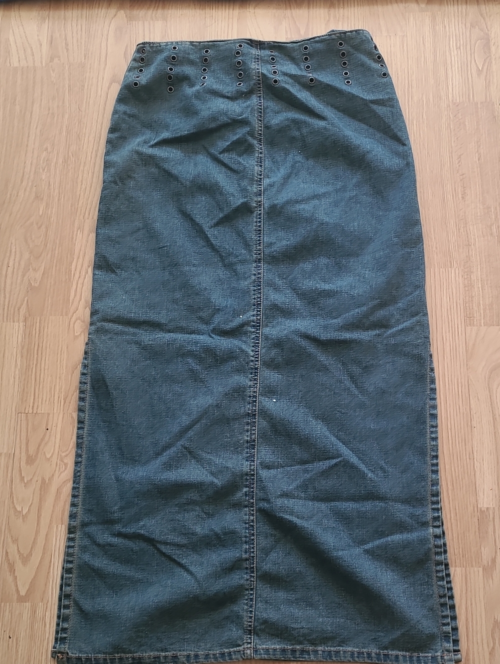 Squeeze Dark Blue Denim Maxi Skirt with Eyelet Waist